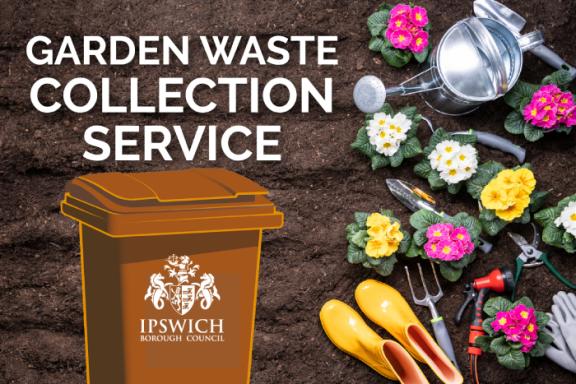 A brown bin next to some flowers and a watering can promoting Ipswich Borough Council's Garden Waste Collection Service