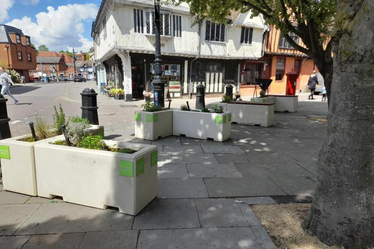 Photo of planters near the Wolsey statue on St Nicholas Street, Ipswich.