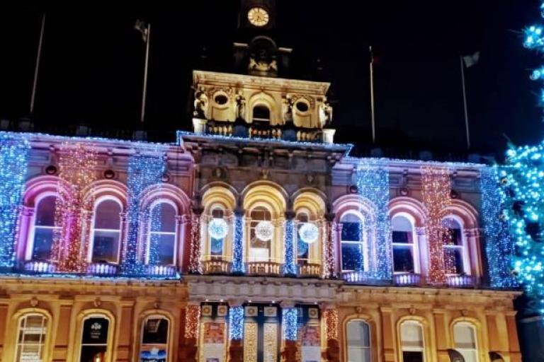 Ipswich Town Hall with Christmas lights