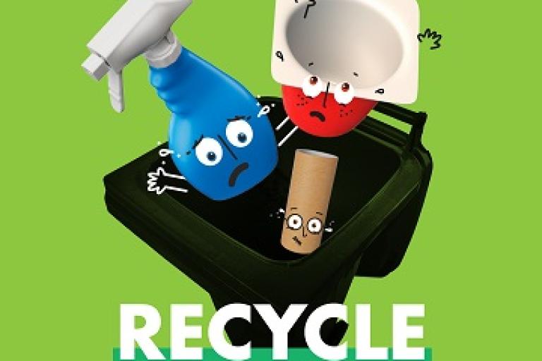 Rescue me recycling poster featuring commonly missed items that can be recycled.