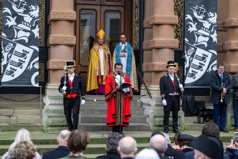 Mayor of Ipswich reading a Proclamation on the steps of the Town Hall
