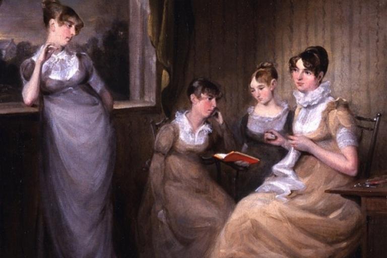 An oil painting of a group of four young women