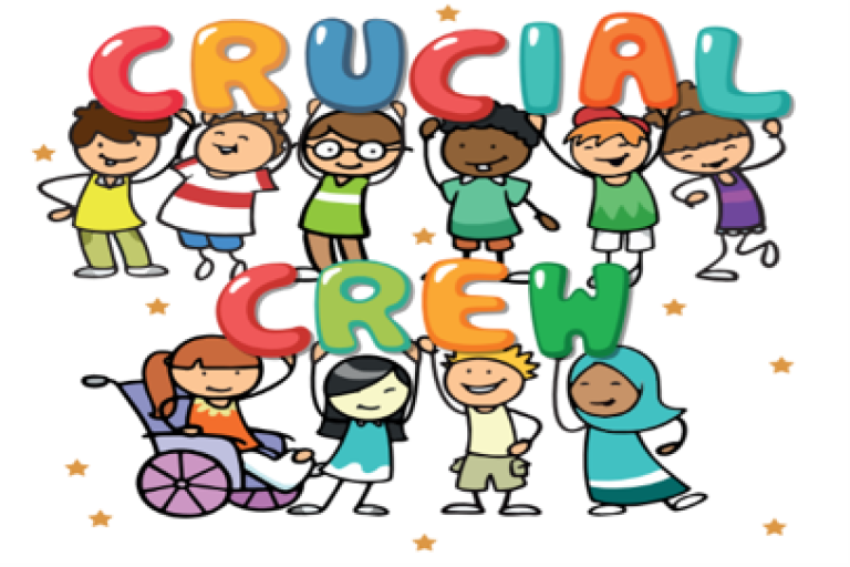 Colourful cartoon showing young people around a Crucial Crew logo