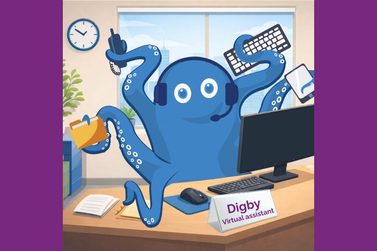 A cartoon of an octopus doing lots of tasks at once