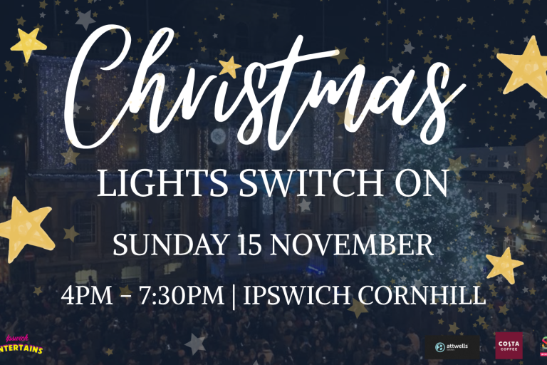 An invitation to the Christmas lights switch-on event in Ipswich on the evening of 15 November 2026