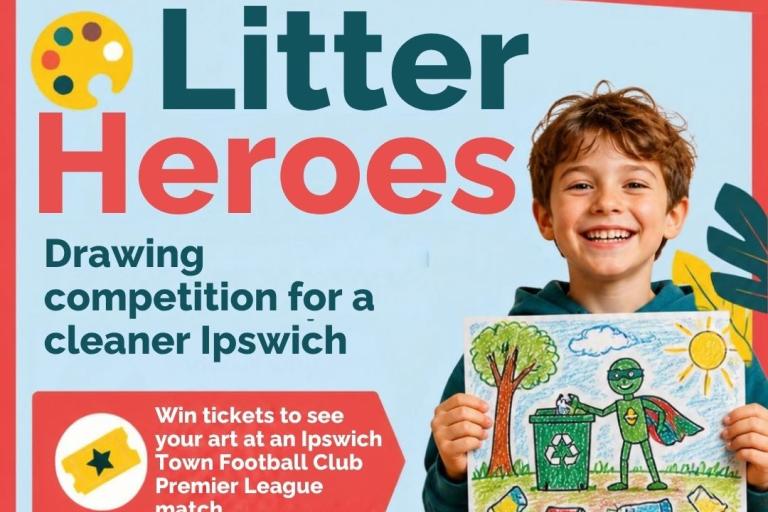 Poster for Litter Heroes drawing competition open to primary school age children in Ipsiwch