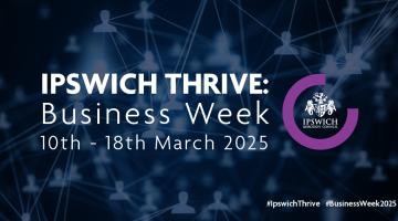 A dark blue background with a networking image. Text in front reads Ipswich Thrive Business Week 10th - 18th March 2025