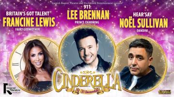 A theatre poster showing main cast members for pantomime Cinderella