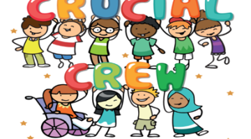 Colourful cartoon showing young people around a Crucial Crew logo